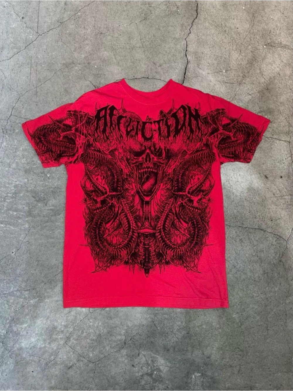 Affliction Red Short Sleeve Graphic Tee with Black Skull Design